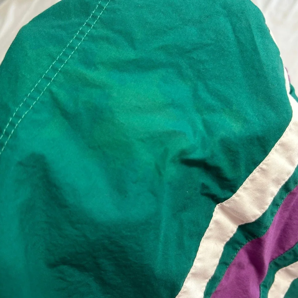 Vintage Lands End Mens Green Purple Striped Cotton Swim Trunks Large 36-38 27261